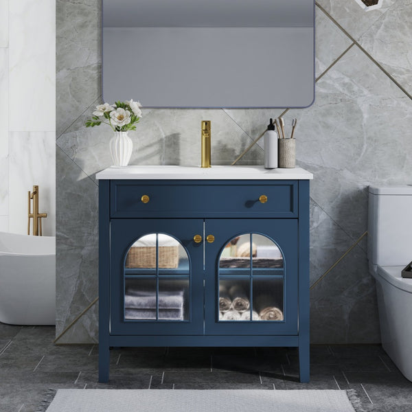 English Elm 35.6" Freestanding Bathroom Vanity with Roman Column Base and Ceramic Integrated Sink Blue W1801S00013