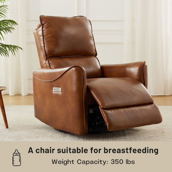 English Elm Brown Air Leather Power Recliner Rocker Swivel Chair for Living Room or Media B2766P488714