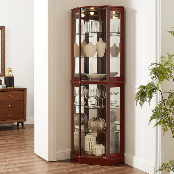English Elm 6 Shelf Corner Curio Cabinet with Interior Lighting, Mirrored Back, Glass Shelves for Displays Cherry W1693P165027
