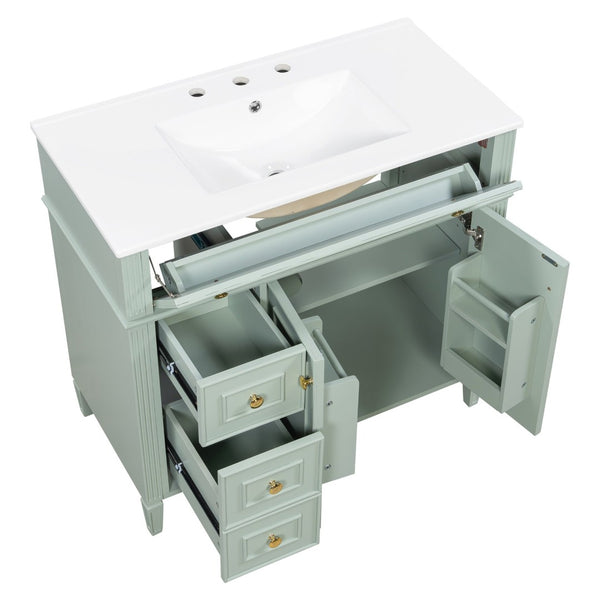 English Elm 36 Inch Freestanding Bathroom Vanity Sage Pine Cabinet Gold Hardware Ceramic Sink Green N725P366468G