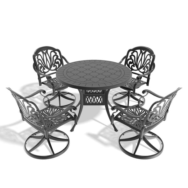 English Elm 5-Piece All-Weather Cast Aluminum Dining Set With Swivel Chairs & Round Table For Outdoor Comfort W1710S00437