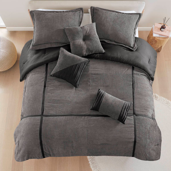 English Elm 7 Piece Micro Corduroy Comforter Set - Luxurious Grey California King Bedding Ensemble For Year-Round Comfort B035P266663