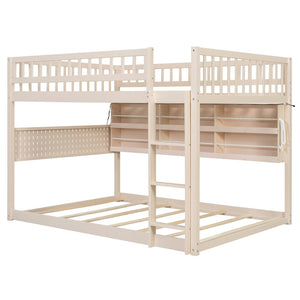 English Elm Full Over Bunk Bed with Led Lighting Pegboard Shelving and Pine Wood Frame Beige LT000278AAA