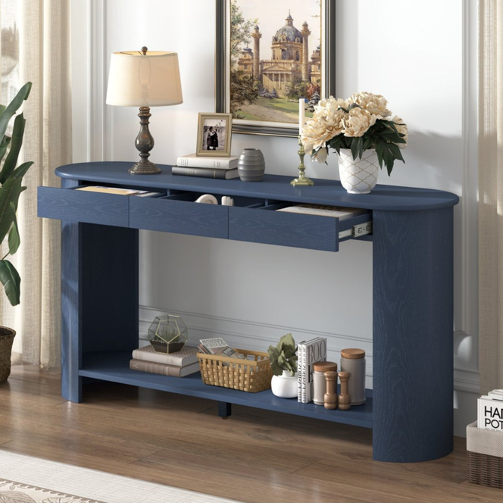 English Elm U_style Oak Veneer Console Table with 3 Drawers Open Shelf Entryway Hallway Storage Navy Blue N711P395523C