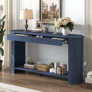 English Elm U_style Oak Veneer Console Table with 3 Drawers Open Shelf Entryway Hallway Storage Navy Blue N711P395523C