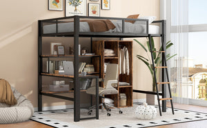 English Elm Full Full Size Metal Loft Bed with Built-In Desk, Wardrobe & Shelves in Black — Space-Saving, Sturdy Design (Fits 6" Mattress) GX001134AAB