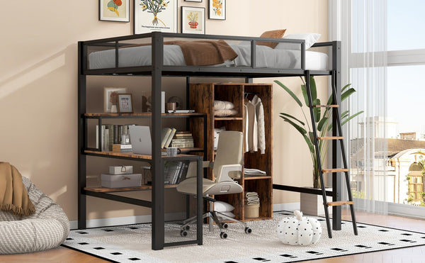 English Elm Full Full Size Metal Loft Bed with Built-In Desk, Wardrobe & Shelves in Black — Space-Saving, Sturdy Design (Fits 6" Mattress) GX001134AAB