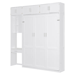 English Elm Queen Murphy Bed with Integrated Desk Cabinet Shelves Space Saving Studio Solution White N708S00021K-1