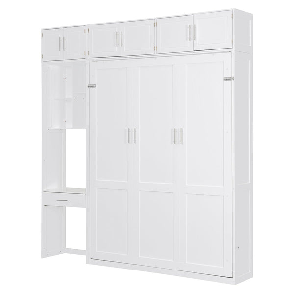 English Elm Queen Murphy Bed with Integrated Desk Cabinet Shelves Space Saving Studio Solution White N708S00021K-1