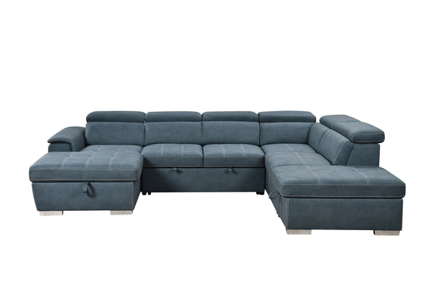 English Elm 128"Sofa U-Shaped Sectional with Pull-Out Bed, Storage Chaises, Adjustable Headrests for Comfort Blue W1417S00086