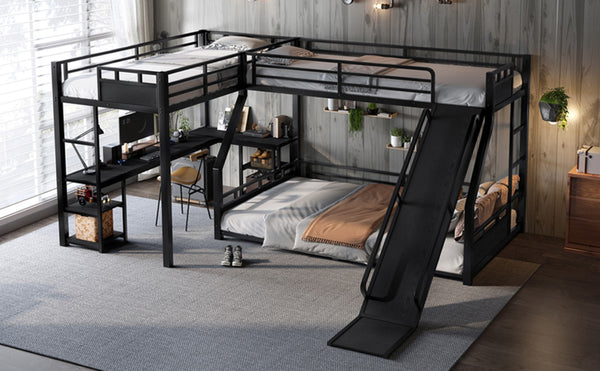 English Elm L-shaped Metal Triple Bunk Bed with Slide Desk Shelves and Usb Charging Black W1580S00569