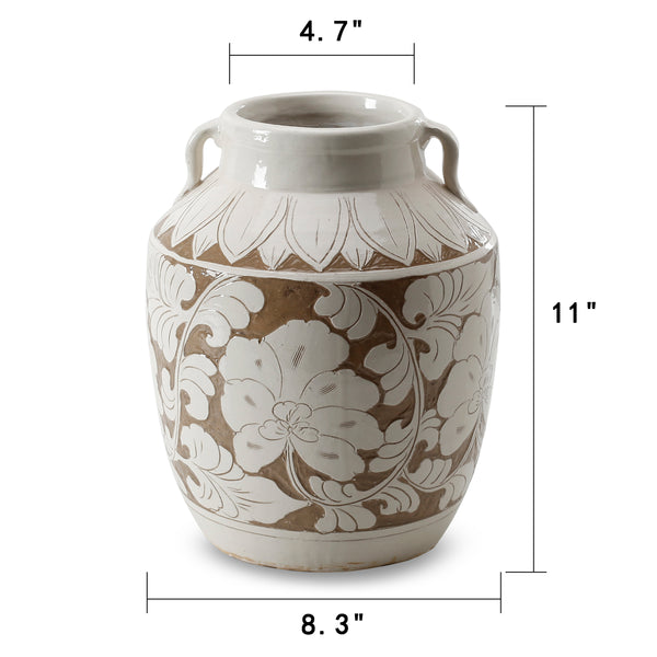 Lilys Amalfi Double Glazed Tall Vase Two Handles With Flower Motif 7.8X7.8X10.4H 8370-6