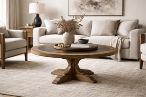 English Elm Round Hickory Veneer Cocktail Table with Cement Inlay Pedestal Base for Living Rooms Almond B2699P447483