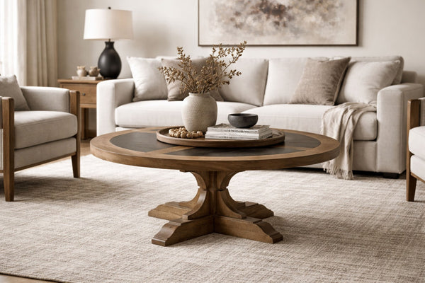 English Elm Round Hickory Veneer Cocktail Table with Cement Inlay Pedestal Base for Living Rooms Almond B2699P447483