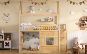 English Elm Full Size Solid Wood House Bed with Led Shelf Lighting for Kids Bedroom Natural N7500005026N