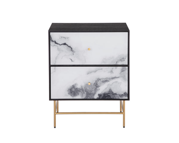 Sunpan Cordero Modern Nightstand with Marble-Effect Drawers, Antique Brass Legs - Stylish Acacia Design