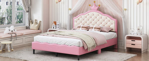 English Elm Full Full Size Lovely Crown Fantasy PU Leather Princess Bed with Tufted Headboard, Pink Cream, Sturdy Frame N733P198762H