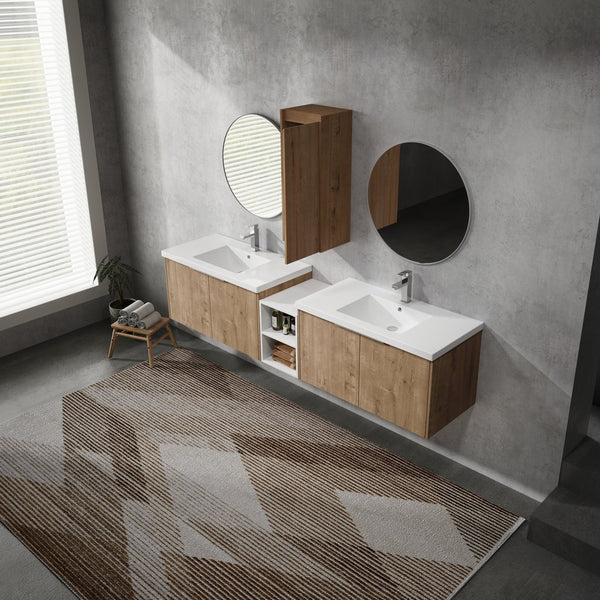 English Elm 84" Wall-Mounted Bathroom Vanity With Soft-Close Doors & Resin Sinks - Modern Storage Solution! W999S00230