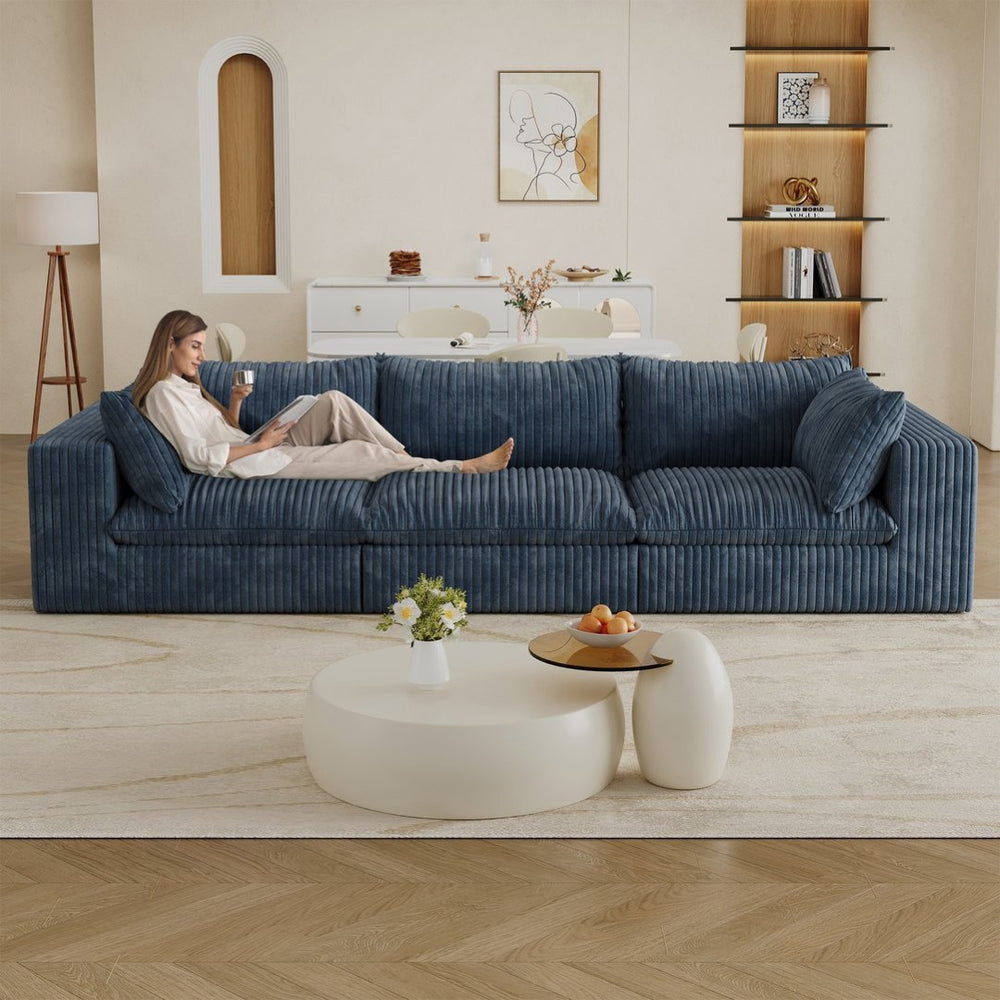 English Elm 118.2" Modular Cloud Sofa Corduroy Upholstered Deep Seat Lounge for Living Room Blue W2824S00192