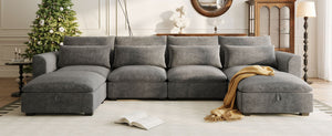 English Elm U_style Modular U-shaped Sectional Sofa Six Seat Linen Fabric with Storage Ottomans Gray WY000491AAE