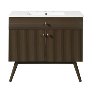 English Elm 36" Freestanding Bathroom Vanity Striped Mdf Cabinet Brass Hardware Ceramic Basin N765P387198D