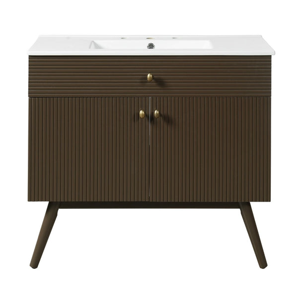 English Elm 36" Freestanding Bathroom Vanity Striped Mdf Cabinet Brass Hardware Ceramic Basin N765P387198D