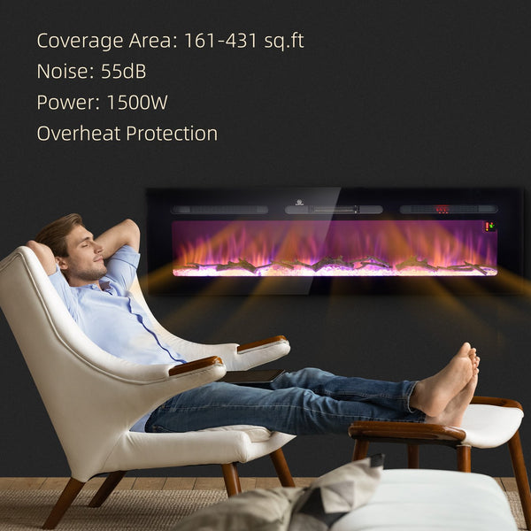 English Elm HOMCOM 60" Electric Fireplace Wall or Recessed with Remote, 1500W Heater, 10 Flame Colors, Timer W2225P249836