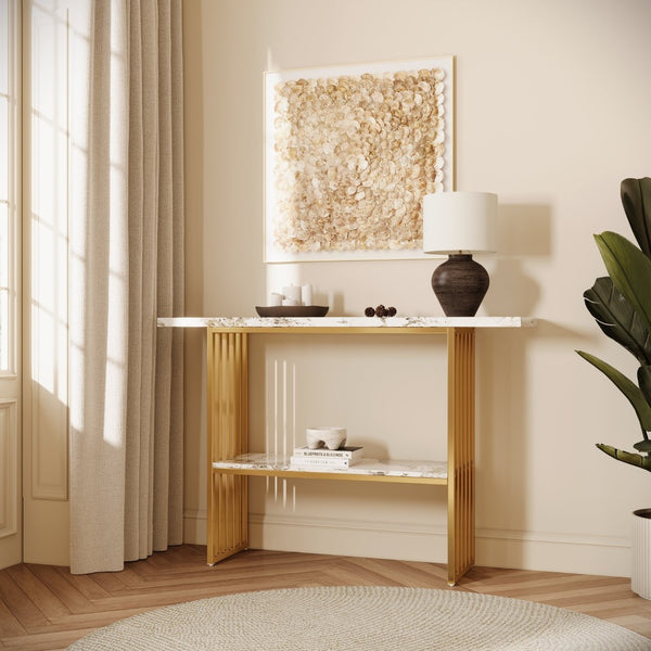 English Elm 47''double Semi-circle Console Table with Led Lighting and Sculptural Hammered Wood Base W2263P395489