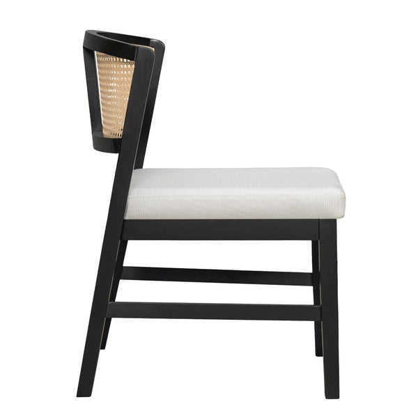 English Elm Rattan Back Armless Dining Chairs Upholstered Seat Rubberwood Frame Kitchen Set of 2 Black+Beige N842P400687B