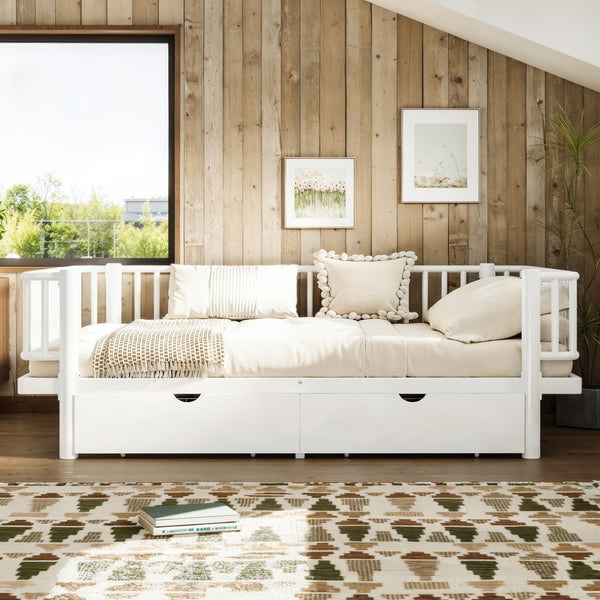 English Elm Full Size Metal Platform Storage Bed Low Profile Steel Frame with Built-in Drawers Light White W5305P471351