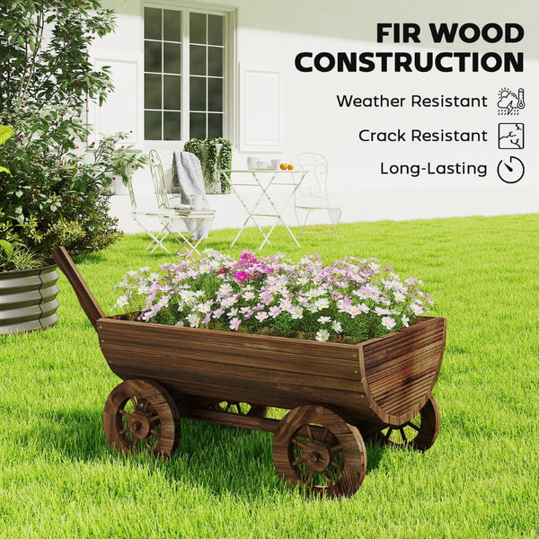 English Elm Outsunny Carbonized Fir Wood Wagon Planter on Wheels Rustic Farmhouse Garden Cart W2225P485575