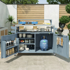 English Elm K&K 53.3" Outdoor Kitchen Island with 1.2" Stainless Top, Spacious Storage, Raised Shelf, Wheels Grey+Blue N707P250628G