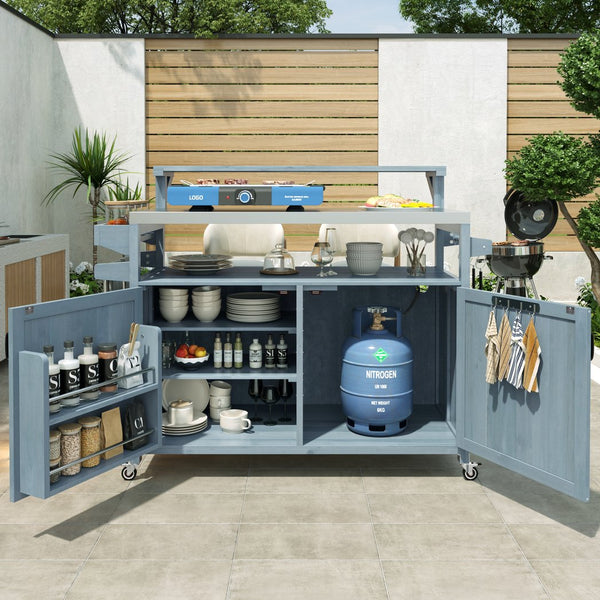 English Elm K&K 53.3" Outdoor Kitchen Island with 1.2" Stainless Top, Spacious Storage, Raised Shelf, Wheels Grey+Blue N707P250628G