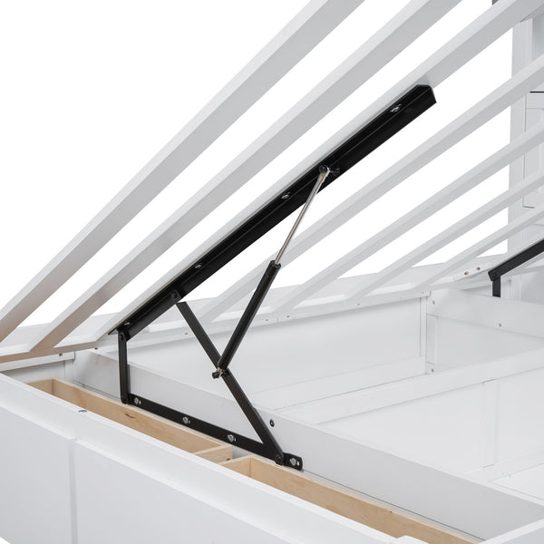 English Elm Wood Queen Size Hydraulic Platform Bed with LED Headboard, Charging Station, Hidden Storage Drawers and Shelves White GX000372AAK