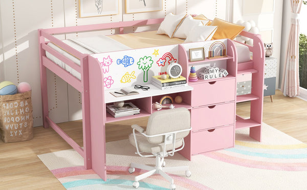 English Elm Full Size Low Loft Bed With Desk, Storage, Bookcase & Fun Whiteboard For Kids - Pink Design N7090005005H