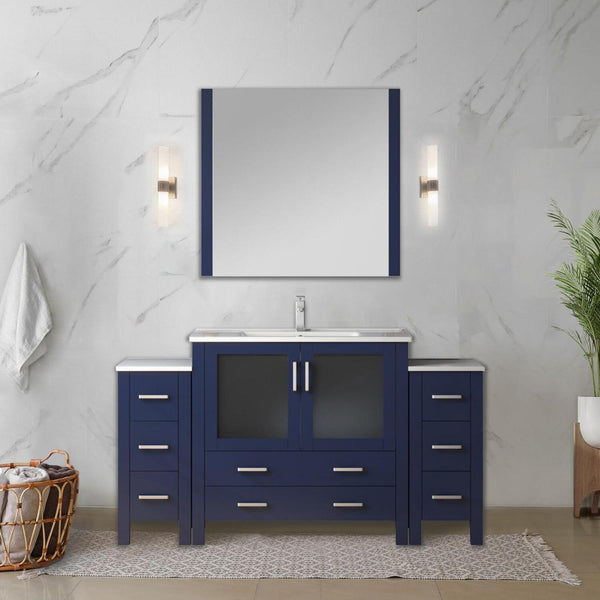 English Elm Navy Blue Bath Vanity Set With White Ceramic Top, Side Cabinets, Faucet & 34" Mirror For Elegance B2731S01377