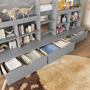English Elm Twin Xl Low Loft Bed with Curtain Hideaway Chalkboard and Built-in Storage Shelves W1580S00400