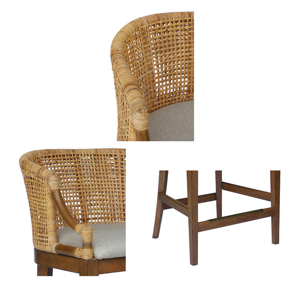 JLA Home Martha Stewart - Handcrafted Rattan & Wood Counter Stool with Curved Back, Upholstered Seat, Footrest, 25" H MT104-0169