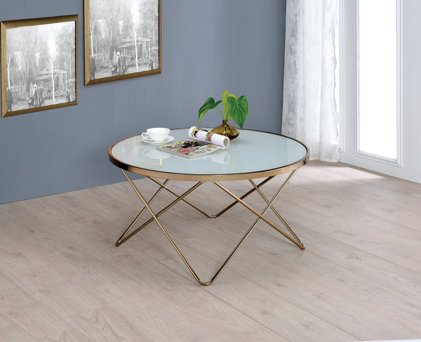 English Elm Valora Frosted Glass Top Coffee Table with Overlapped V Metal Base, Modern Elegant Centerpiece Champagne 39 L x 38 W x 5 H B2726P251274