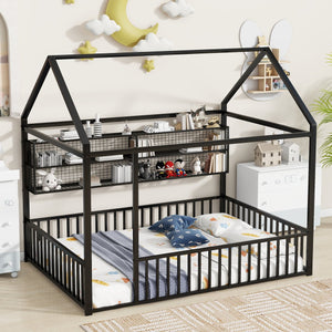 English Elm Full Metal House Bed Frame Full Size with Built-In Fence and 4 Grid Shelves for Durable Storage and Style Black N737P175361B