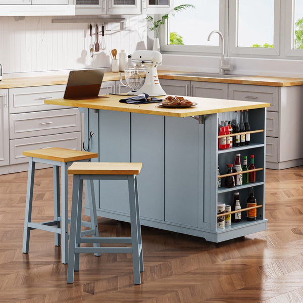English Elm K&k 53 Inch Rolling Kitchen Island with Drop Leaf Power Outlet and Open Storage Racks Grey-Blue N707S185531G