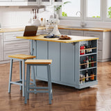 English Elm K&K 53Inch Large Kitchen Island With Drop Leaf,Power Outlet,Door Internal Storage Rack,Rolling Kitchen Cart On 5 Wheels With 5 Open Side Racks For Kitchen,Dining Room,Grey Blue(Not Include Bar Stools)