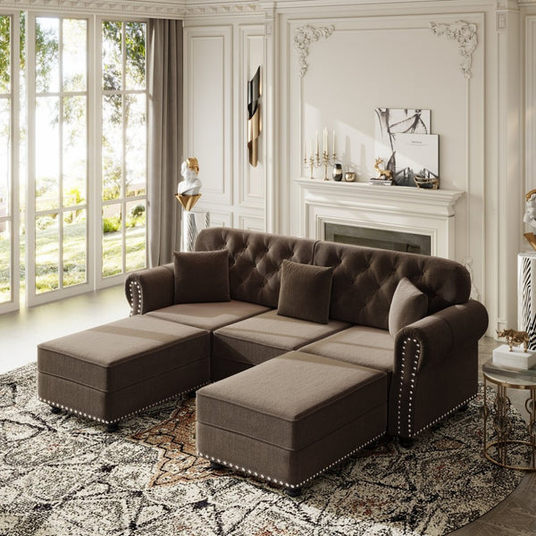 English Elm 82.6"upholstered Velvet Chesterfield Sofa Button Tufted Nailhead Mid-century Living Room Brown W1885S00383