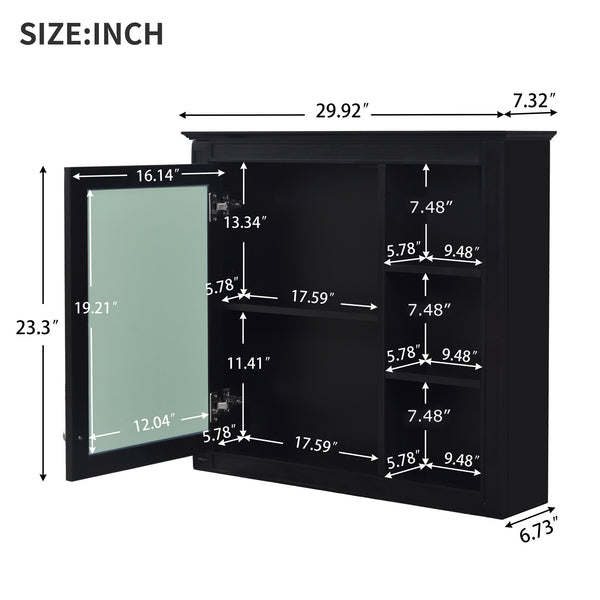 English Elm 30'' Modern Medicine Cabinet with Mirror and Adjustable Shelves, MDF Wall-Mounted Bathroom Storage Solution Black N710P192495B