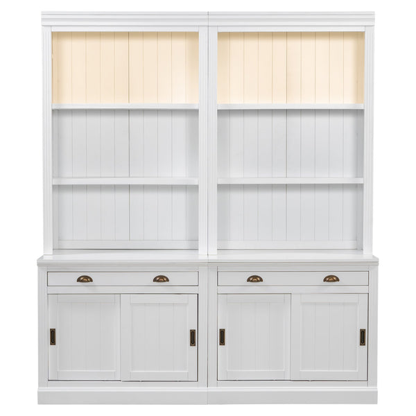 English Elm 83.4"Tall White Bookshelf Suite With Led Lighting, Sliding Doors & Drawers For Stylish Storage Solutions N751S059620K