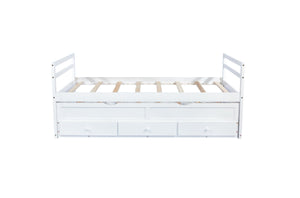 English Elm Twin Twin Size Bed with Trundle and Three Storage Drawers, Space-Saving Pine Frame with Classic Headboard White W504P197162