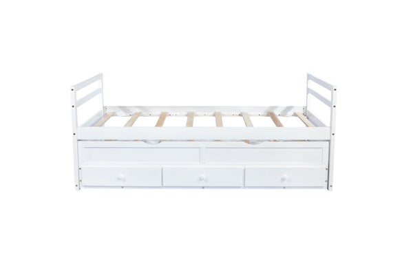 English Elm Twin Twin Size Bed with Trundle and Three Storage Drawers, Space-Saving Pine Frame with Classic Headboard White W504P197162
