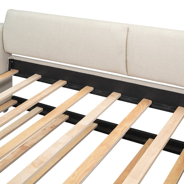 English Elm Twin Upholstery Daybed with Trundle, Storage Arms & USB Charging, Beige Linen, Durable Pine Frame SM000547AAA