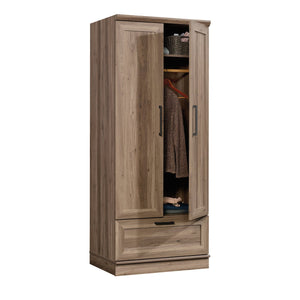 English Elm Wardrobe/Storage Brown Finish Engineered Wood Closet with Adjustable Shelves, Rod & Smooth Drawer (71.3") B356P402764