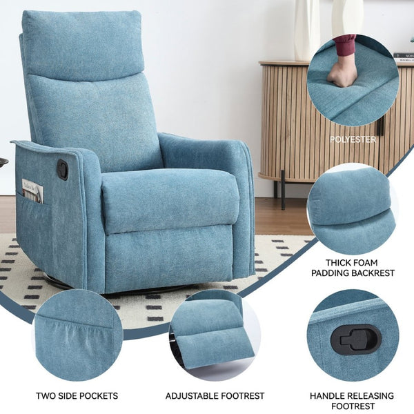 English Elm Heat Massage Rocker Recliner with Swivel Base and Vibrating Nodes for Living Room Blue W1803P251883